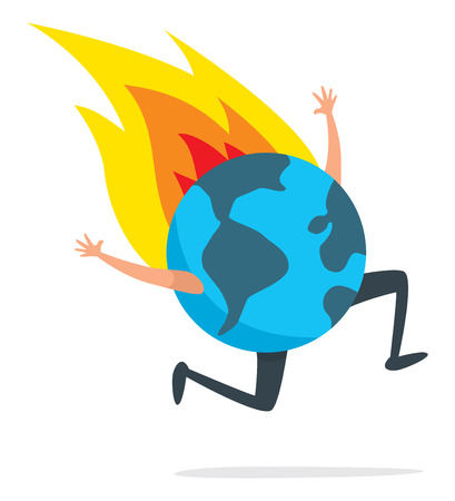Cartoon illustration of planet earth running desperately on fireのイラスト素材