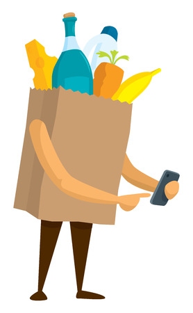 Cartoon illustration of paper bag with groceries using mobile phoneのイラスト素材