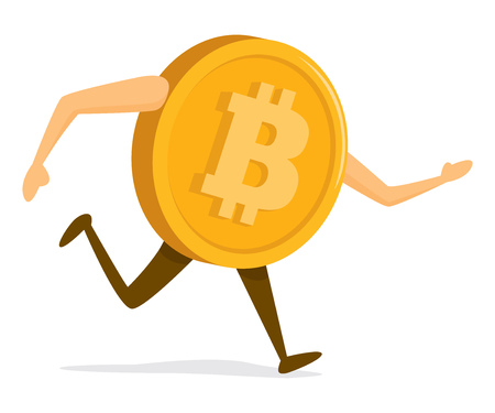 Cartoon illustration of bitcoin currency running fastのイラスト素材