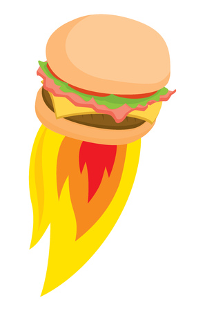 Cartoon illustration of tasty burger blasting off in flamesのイラスト素材
