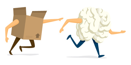 Cartoon illustration of brain escaping from cardboard boxのイラスト素材