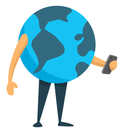 Cartoon illustration of planet earth using a mobile phoneのイラスト素材