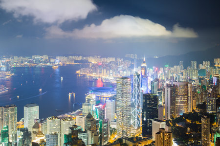 night view of Hong Kong from Peakの写真素材