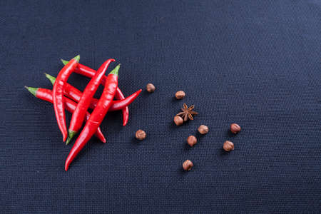hot red pepper with nuts ot dark backgroundの写真素材