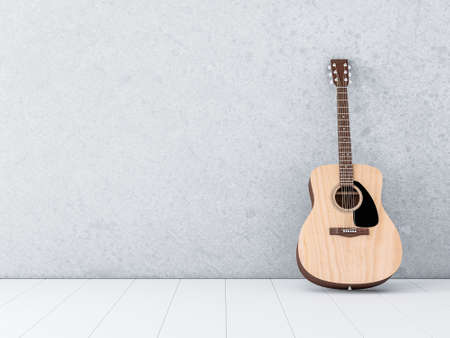 Acoustic Guitar Standing in white empty roomの写真素材