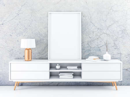 White Poster Frame Mockup standing on the modern bureau with Table lamp and booksの写真素材