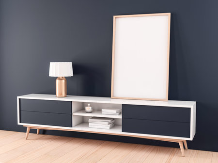 Oak wooden poster Frame standing on console in modern interior