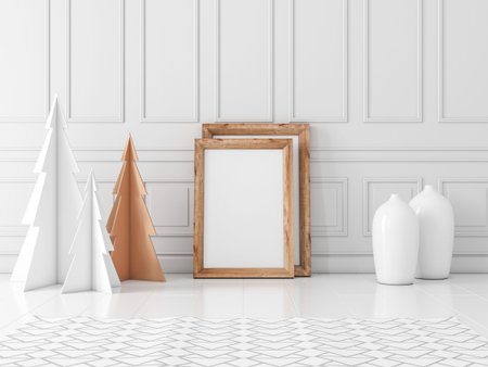 Wooden photo poster frame Mockup on the floor with christmas trees