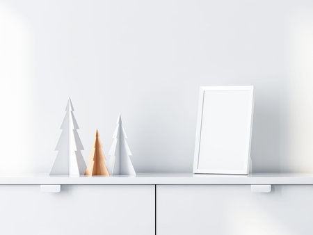 Christmas trees decor with White photo frame Mockup on bureau