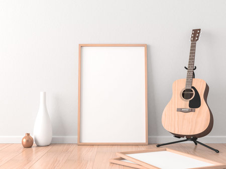Poster Frame Mockup in modern interior with Acoustic Guitar near wall