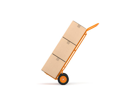 Orange Hand Truck with three cardboard boxes isolated on white