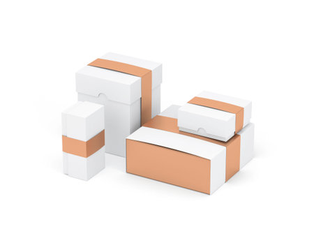 Set of white boxes with golden label in white studio