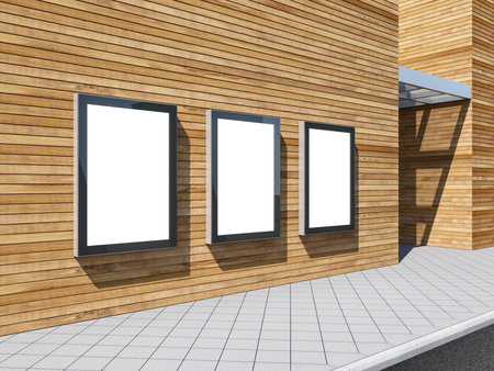 Three empty Lightboxes Mockup on the wooden wall of shopping mall, advertising billboard