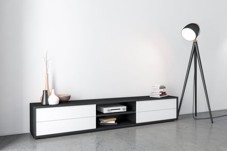 Tv console bureau mockup in empty room with lamp