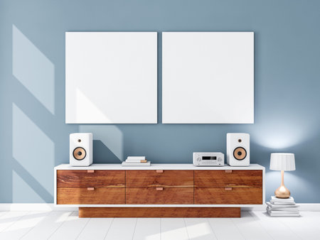 Two square white canvas Mockups hanging on the blue wall, hi fi audio micro system on bureau
