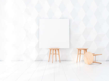 Square Canvas Mockup on wooden chair in white empty interior, 3d renderingの写真素材