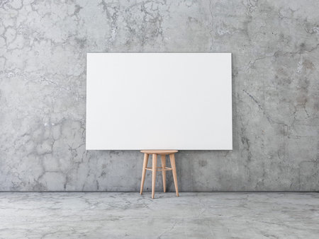 Horizontal Poster Canvas Mockup on wooden Chair in concrete room, 3d rendering