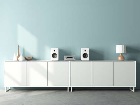 Modern audio stereo system mockup and white speakers on bureau in modern interiorの写真素材