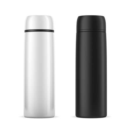 Large white and black travel flask bottle Mockup isolated on whiteの写真素材