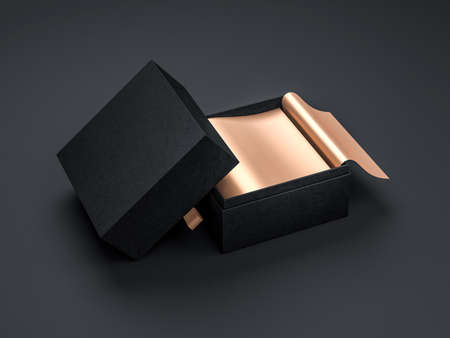Black square Gift Box Mockup with gold wrapping paper, 3d renderingの写真素材