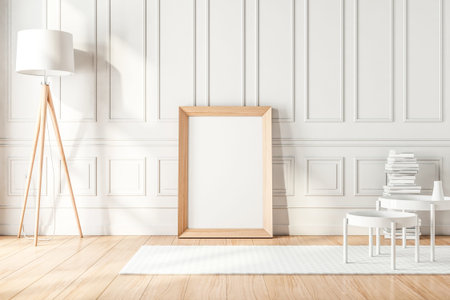 Wooden Frame with poster Mockup standing on the floor with lamp and stack of books in modern...
