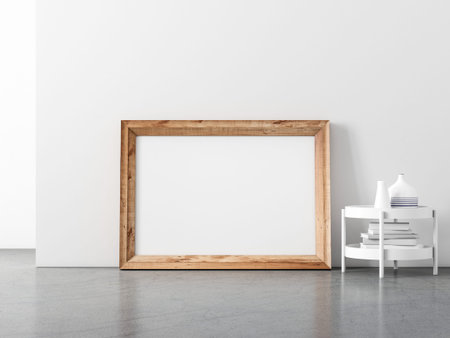 Horizontal Wooden Frame Mockup standing on the floor, for your artwork or poster
