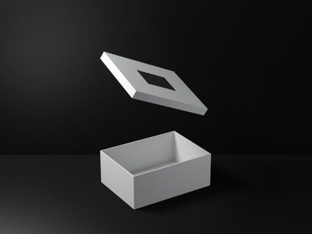 Open White shoe box package Mockup in dark studioの写真素材