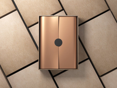 Opened cardboard Box Mockup with golden wrapping paper and circle sticker, Horizontalの写真素材