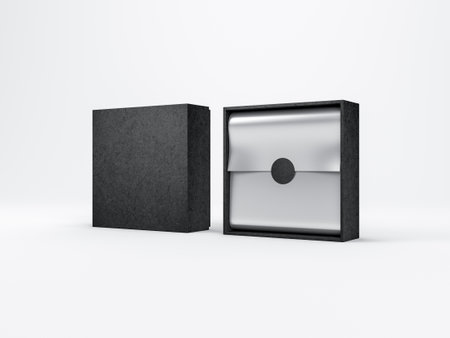 Two Black Boxes Mockup with silver wrapping paper, opened and closed in white studioの写真素材