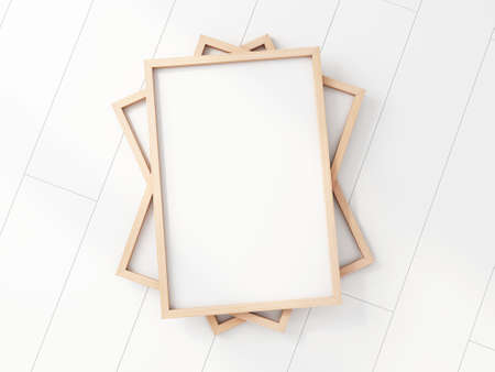 Wooden poster frame mockup on white floor. 3d renderingの写真素材