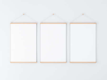 Three Vertical Roll up Posters Mockup hanging on the wall, 3d renderingの写真素材