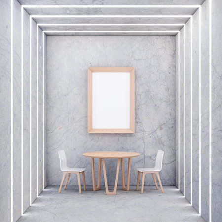 Poster Mockup with Two wooden chairs and table in modern interior. 3d rendering