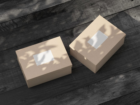 Two cardboard Boxes Mockup with white stickers paper on black wooden table outdoors. 3d rendering