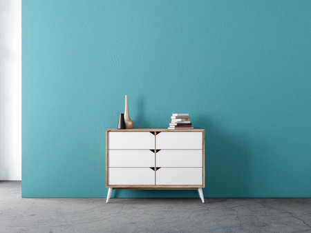 Modern white wooden commode mockup in empty living room with blue wall, 3d rendering