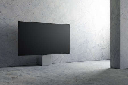 Smart TV Mockup on metal cube stand in concrete room. 3d renderingの写真素材