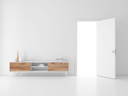 Modern bureau tv console mockup in empty living room with open white door, 3d renderingの写真素材