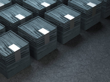 Black Square wooden boxes with silver stickers on dark background. 3d rendering