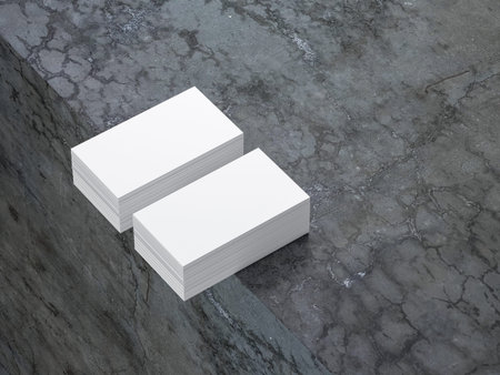 Two stacks of white Business Cards Mockup on concrete table, 3d rendering