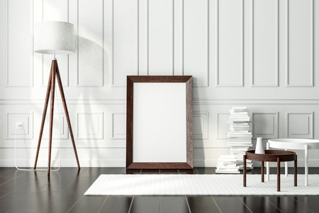 Dark vintage Wooden poster Frame Mockup standing on the floor in modern interior, 3d renderingの写真素材