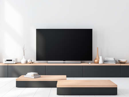 Smart TV set Mockup standing on wooden console. 3d renderingの写真素材