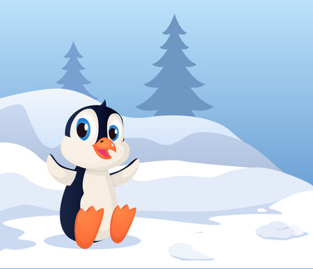 Excited Cute Penguin Sitting On Snow Premium Vectorのイラスト素材