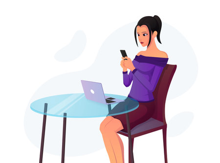 Beautiful girl texting on her phone while sitting on a chair in-front of her laptop Premium Vectorのイラスト素材