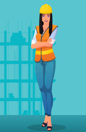 Smiling construction worker woman wearing work uniform and helmet image Premium Vectorのイラスト素材