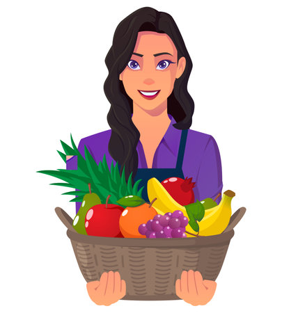 Smiling Farmer Carrying Fruit Basket Isolated on White Background. Beautiful woman with black Hair And Purple Shirt Vector Illustration.のイラスト素材
