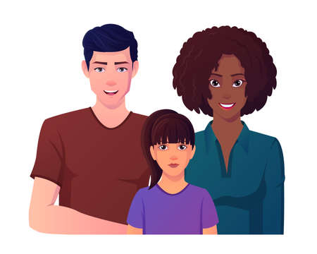 Interracial Couple and Family With Caucasian Dad, Black African Mother, And Mixed Child Illustration.のイラスト素材