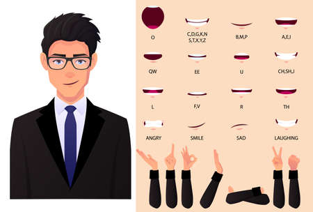 Businessman Mouth Animation Set And Lip Sync Set. Man in Black Suit Coat For Presentations With Hifrent Hand Gestures Flat Vector Illustration.のイラスト素材