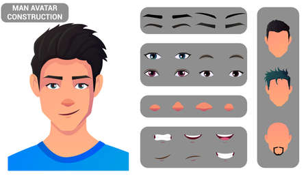 Caucasian Man Face Construction And Character Creation Set. Hair, Eyes, Lips, and Head Pack for Avatar Creation Vector file.のイラスト素材
