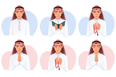 Muslim Man set Wearing White Thobe Dress and Kaffiyeh Reading Quran, Praying with pearls, smiling Vector illustration.の写真素材