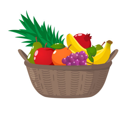 Fruit Basket Vector With Banana, Pineapple, Grape, Pear, Pomegranate, Orange, and Apple Premium.のイラスト素材