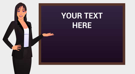 Female teacher at blackboard showing and pointing at text on chalkboard Vector illustration.のイラスト素材